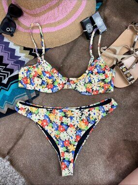 Something Navy Floral Balconette Underwire Bikini Top & Low Rise Bottoms